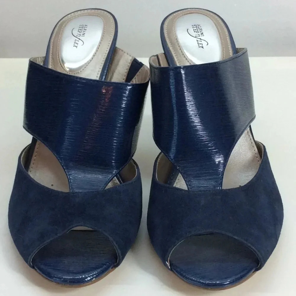 Navy Open Toe SlipOn Heeled Sandals - Picture 1 of 8